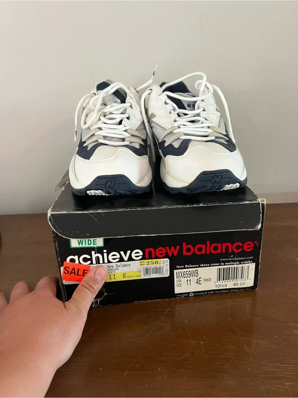 New Balance White Navy Athletic Sneakers with Yellow Accents